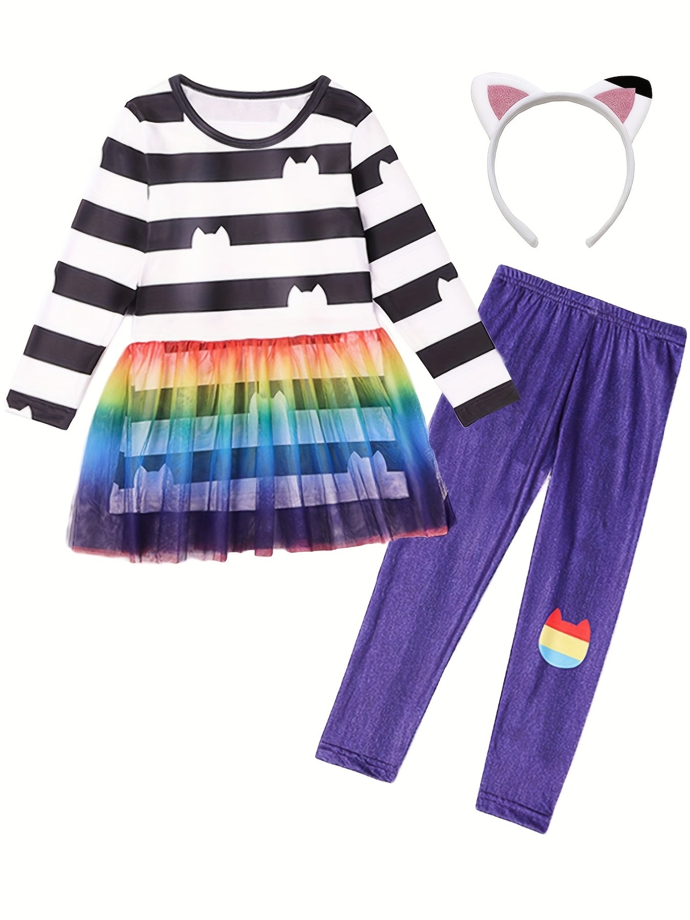 Rainbow Stripe Cat Mesh Top and Leggings Set for Girls