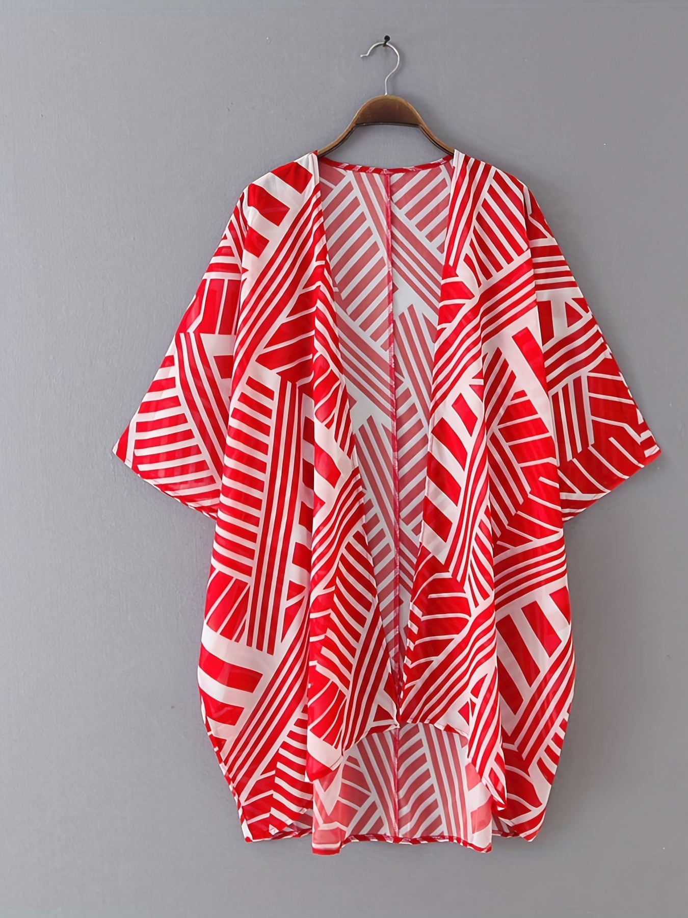 Geometrical Print Cover Up Shirt V Neck Half Sleeves Semi Sheer Loose Fit Cardig