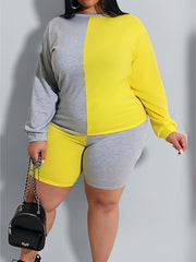 Colorblock Long Sleeve Tee & Skinny Shorts Set Plus Size