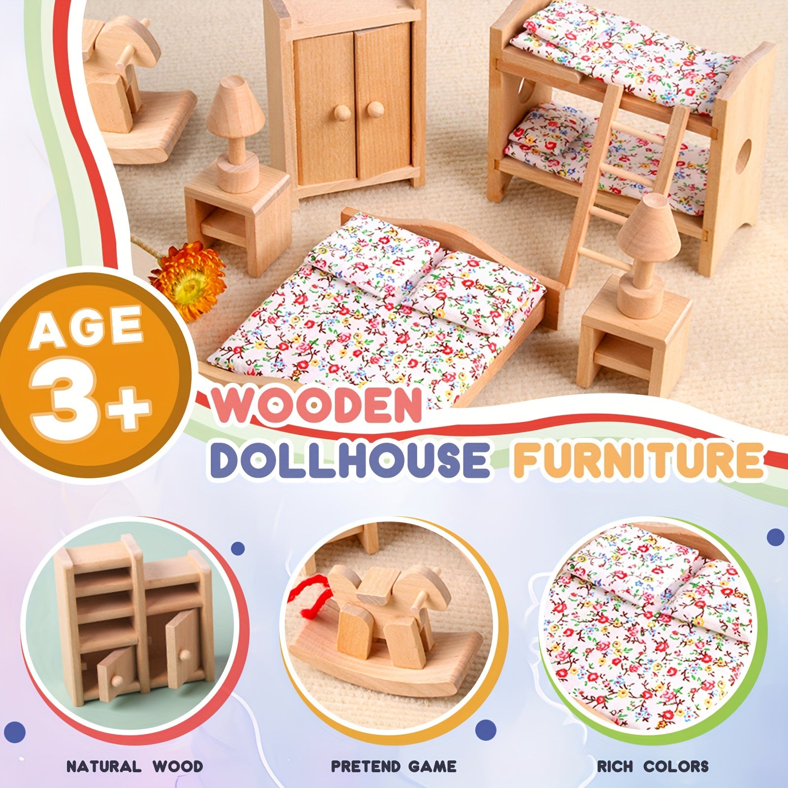 Wooden Dollhouse Furniture Set with Dolls Bedroom Accessories