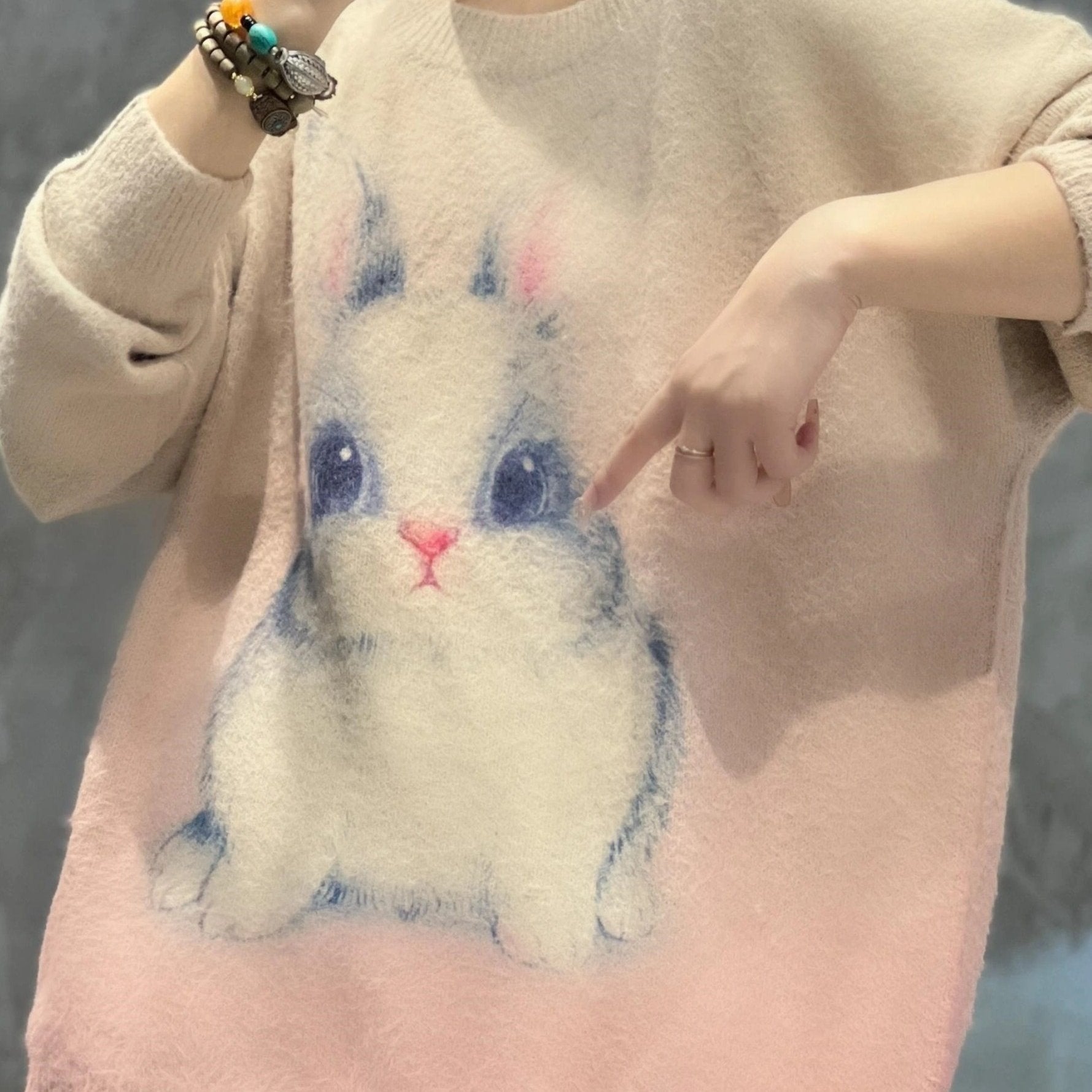Rabbit Print Long Sleeve Round Neck Jumper