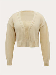 Solid Two-piece Set Open Front Cardigan & Knitted Crop Top