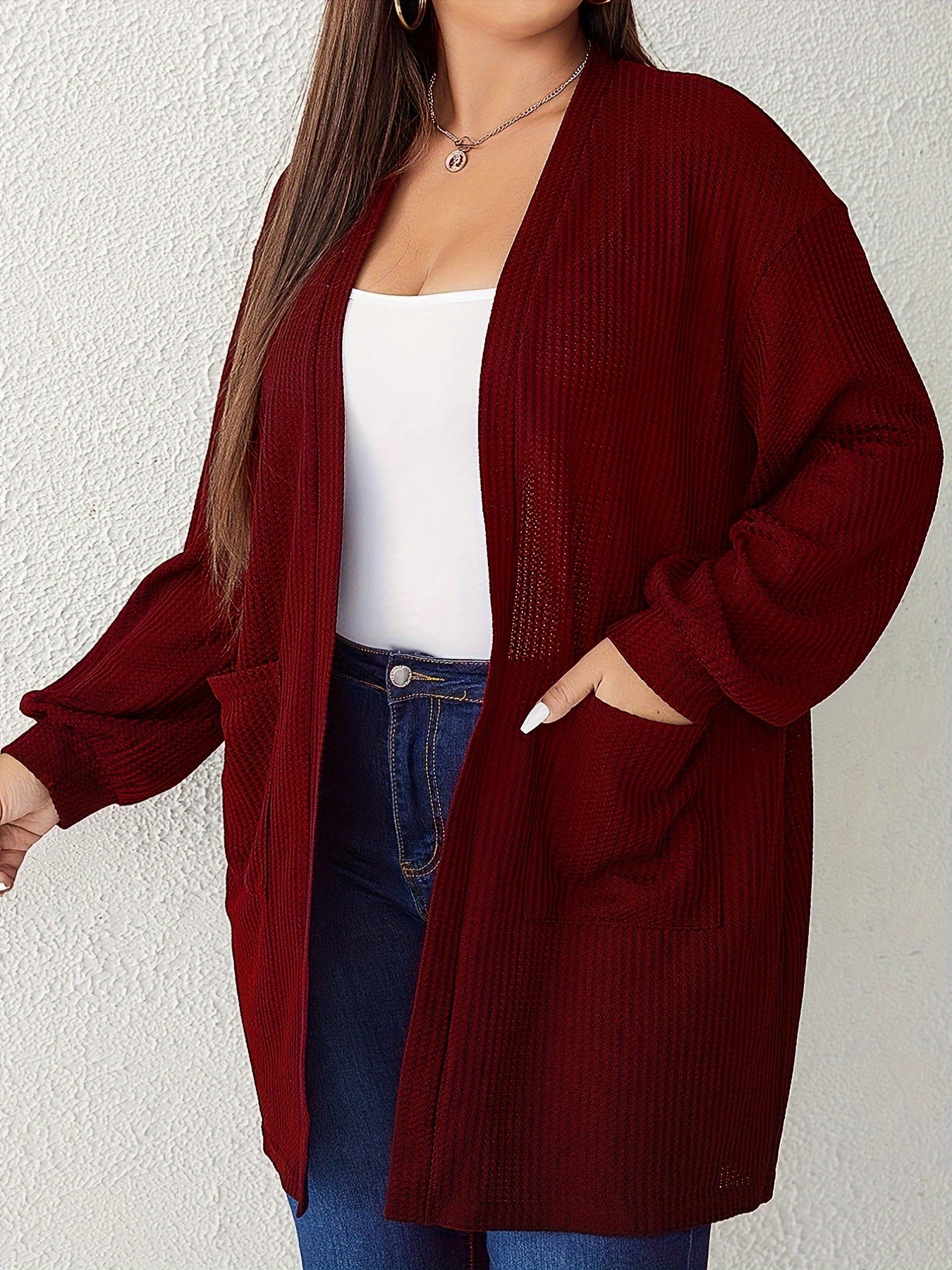 Solid Waffle Pattern Long Sleeve Open Front Cardigan