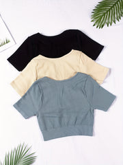3 Pcs Solid Notched Neck Ribbed Yoga T-shirts Short Sleeve Crop Top