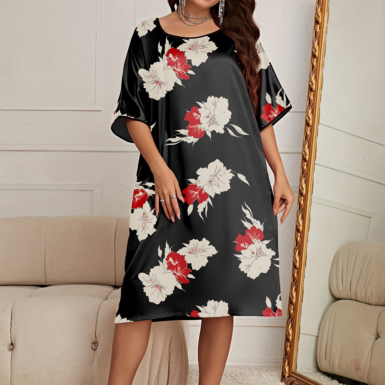 Floral Print Short Sleeve Sleep Dress
