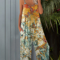 Boho Floral Print Spaghetti Jumpsuit Loose Wide Leg