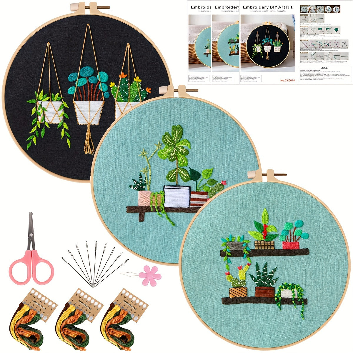 3pcs Green Plants Cactus Embroidery Kit with Hoop 20.07cm