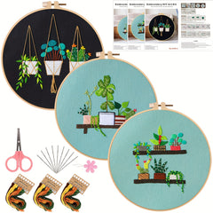 3pcs Green Plants Cactus Embroidery Kit with Hoop 20.07cm