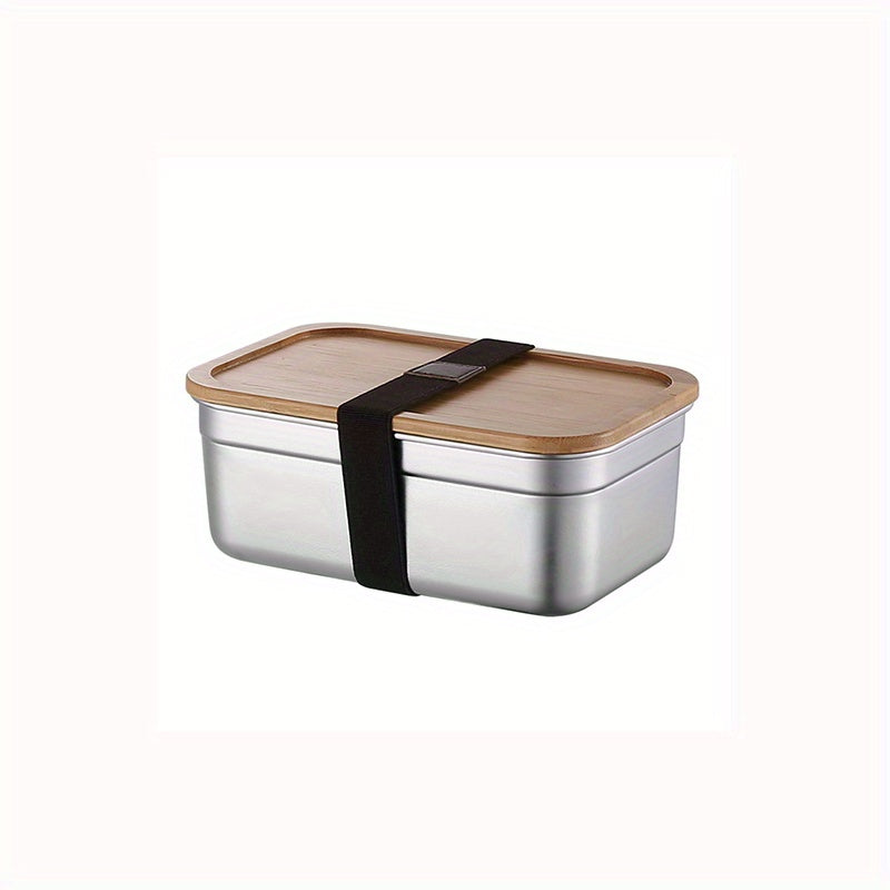 Square Lunch Box Bamboo Lid Bento Stainless Steel Crisper Travel Food Containers