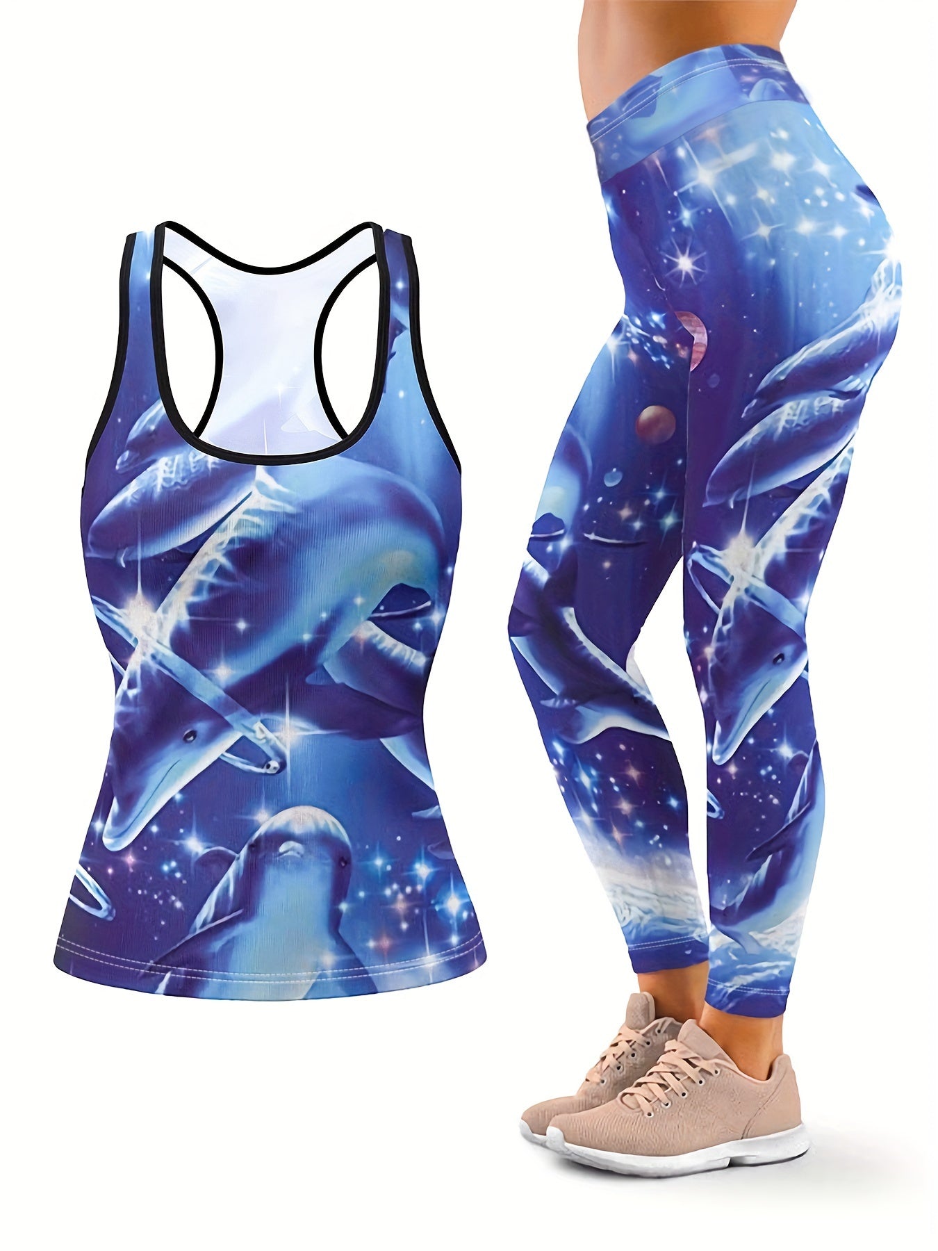 Women's Plus Glitter Dolphin Print Tank Top & Leggings Set