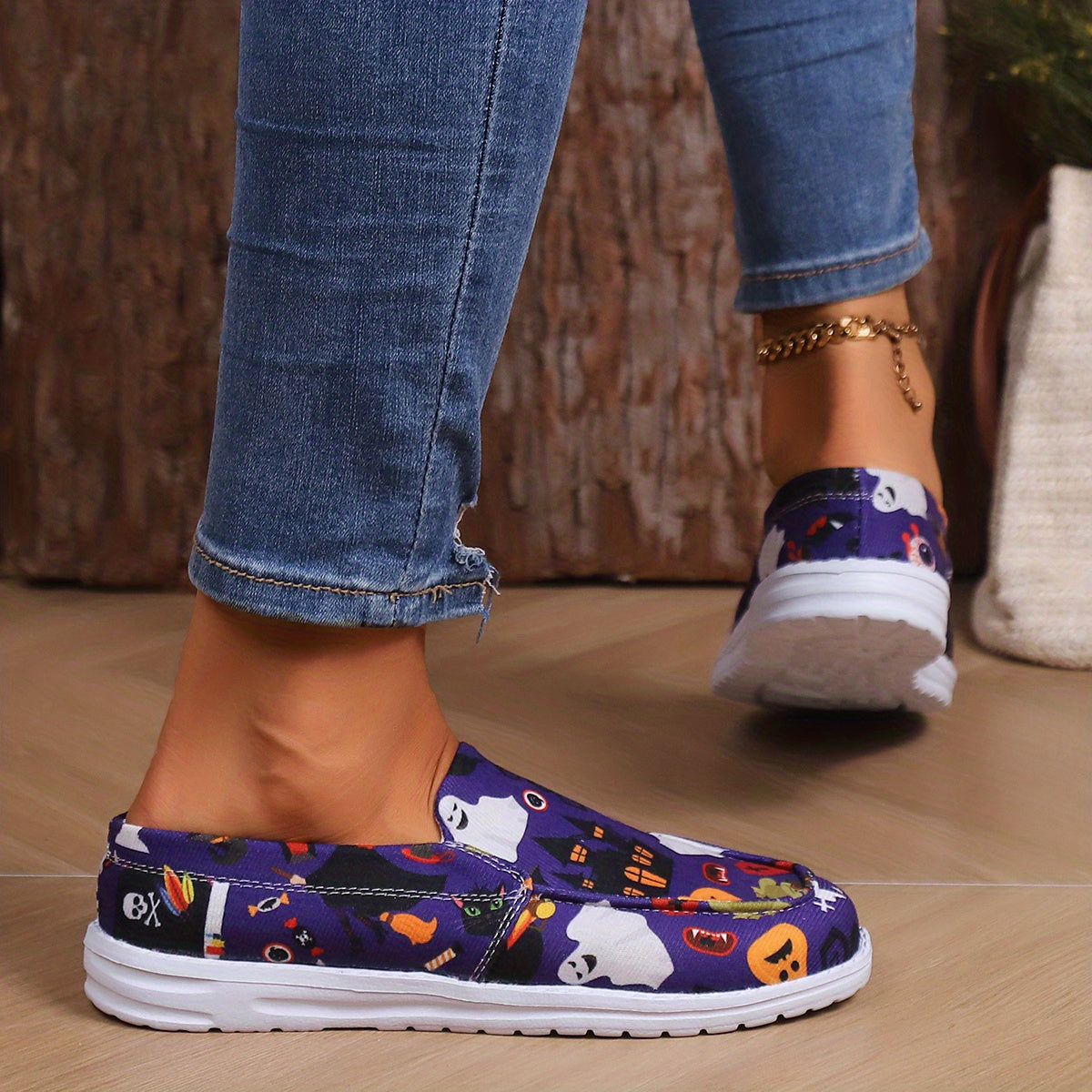 Halloween Pumpkin Ghost Pattern Scary Skate Shoes Lightweight Slip On Canvas Sho