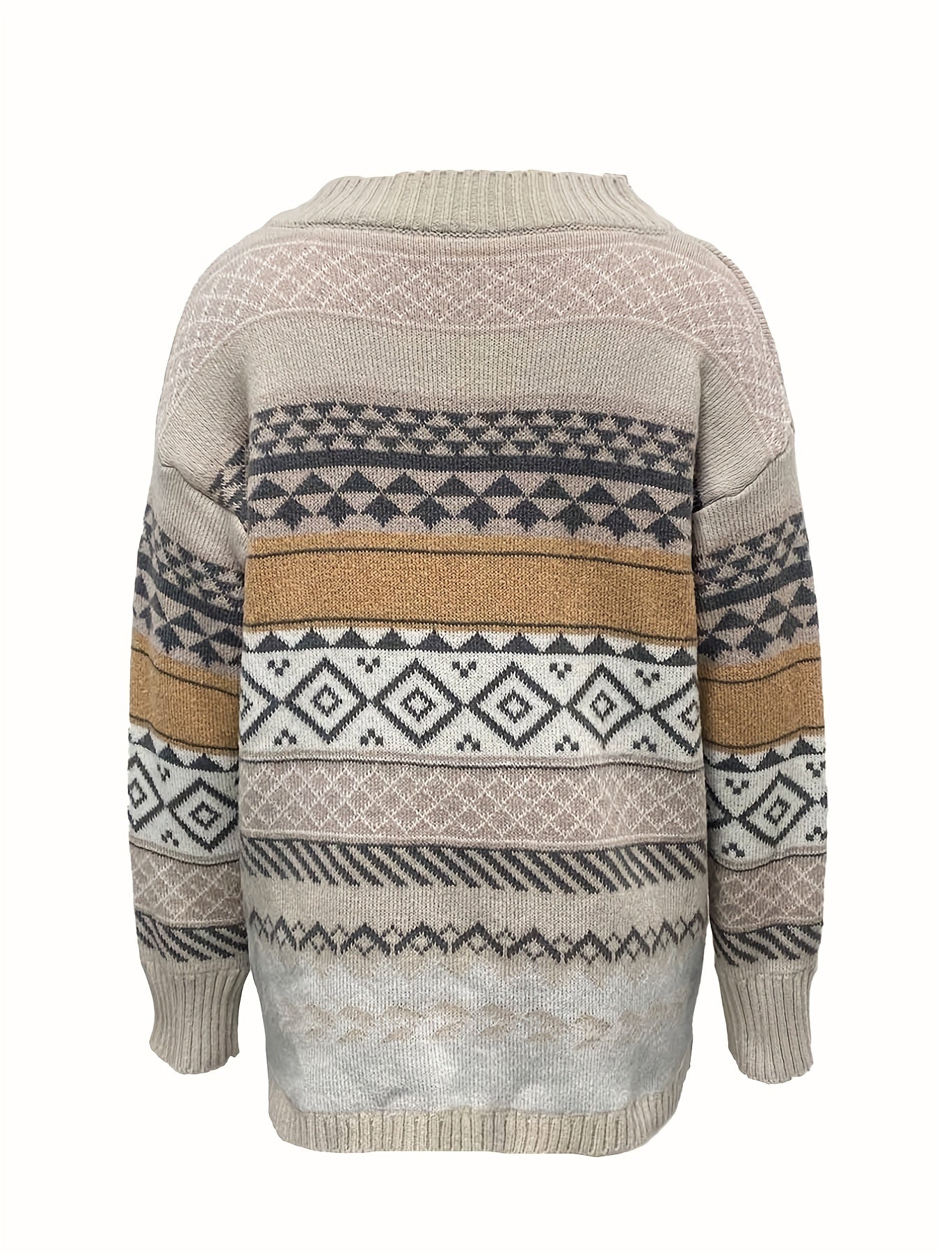 Geometric Pattern V Neck Knitted Top Long Sleeve Sweater