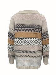 Geometric Pattern V Neck Knitted Top Long Sleeve Sweater