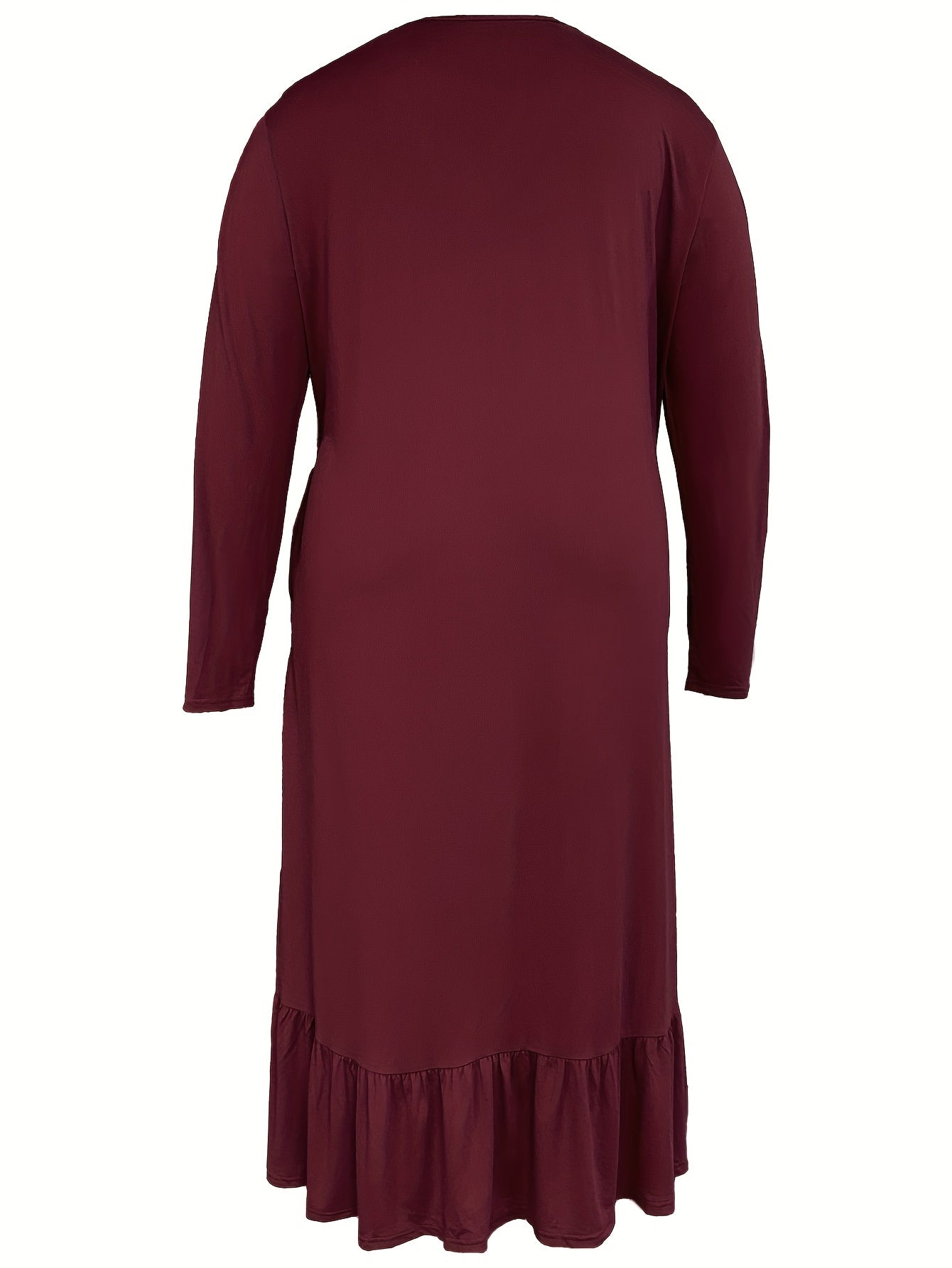 Solid Long Sleeve V Neck Ruffle Trim Maxi Dress With Pockets