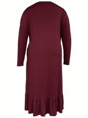 Solid Long Sleeve V Neck Ruffle Trim Maxi Dress With Pockets