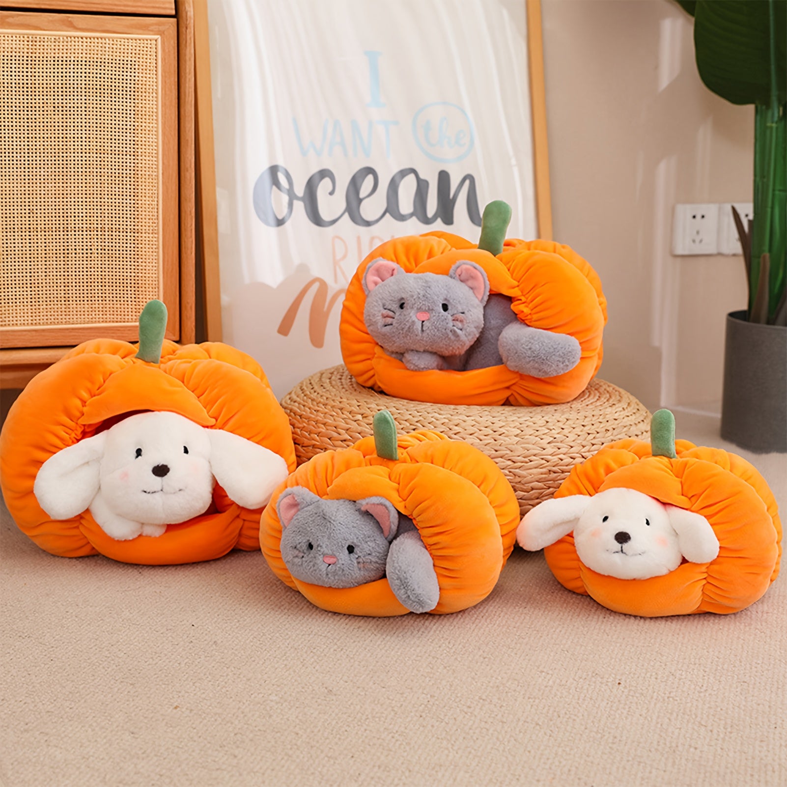 Dog & Cat Pumpkin House Plush Toys Soft Halloween Stuffed Animals