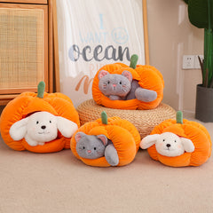 Dog & Cat Pumpkin House Plush Toys Soft Halloween Stuffed Animals