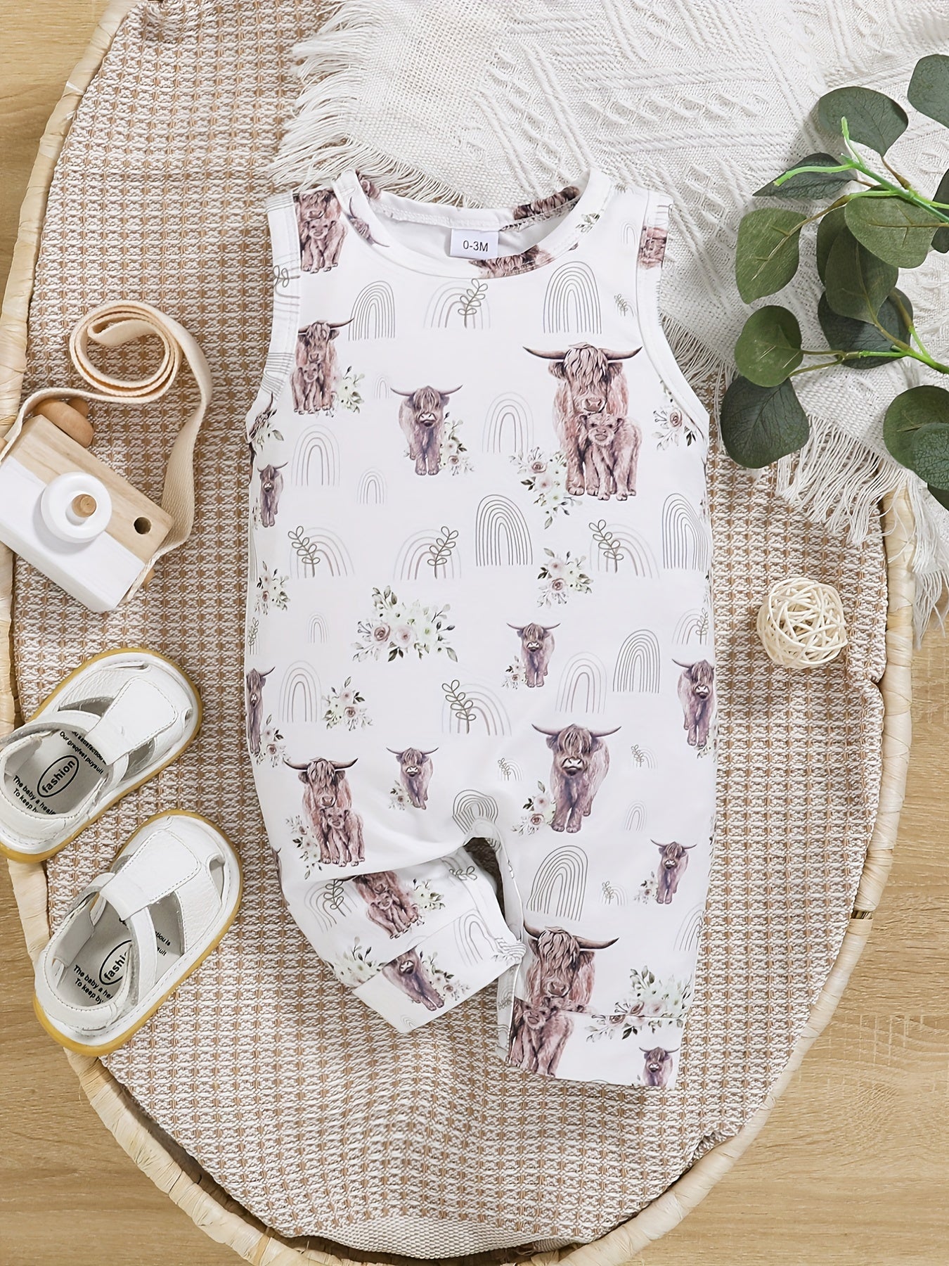 Baby Boys Bull And Flower Print Sleeveless Summer Romper