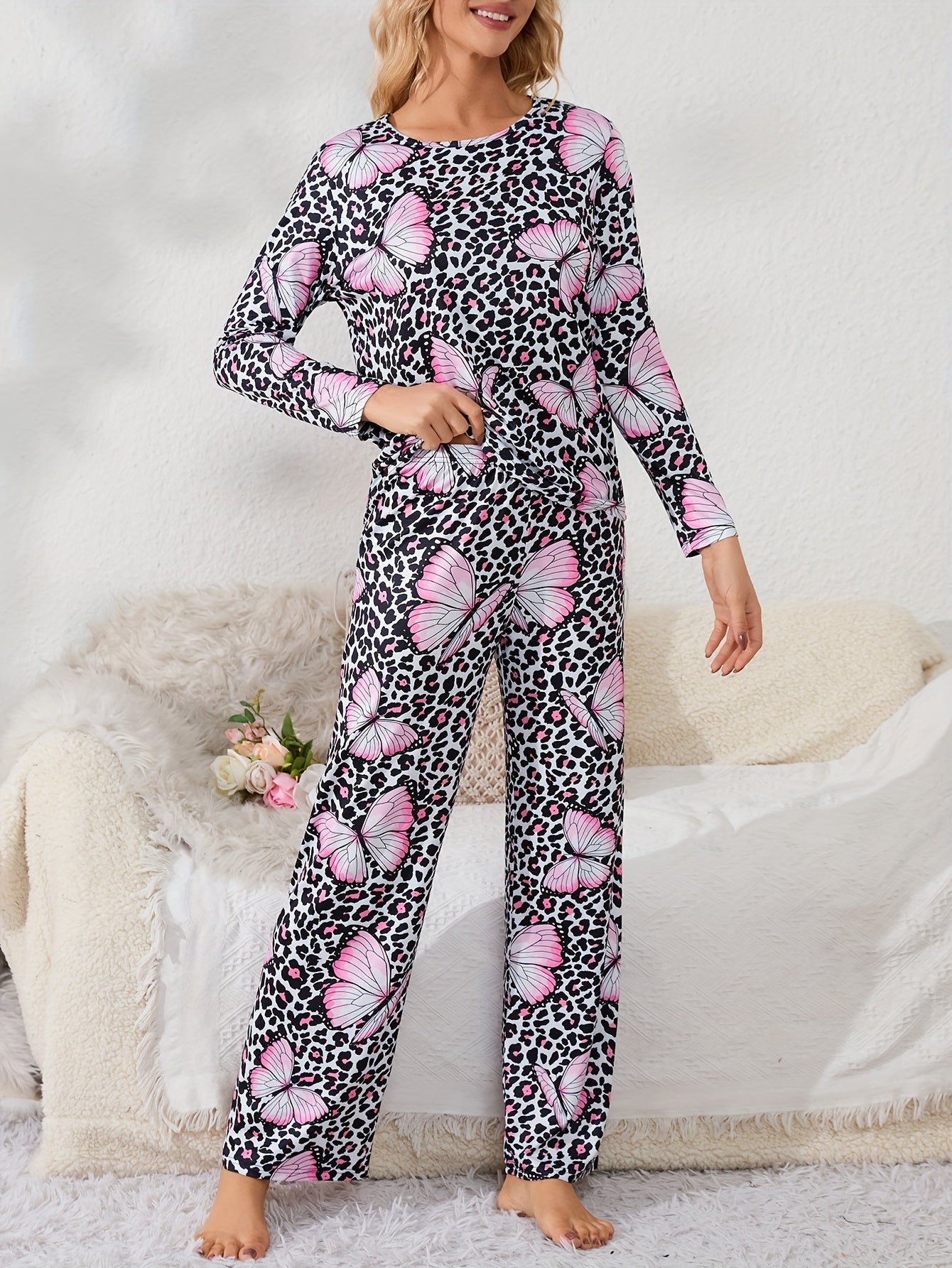 Butterfly Print Leopard Pajama Set Long Sleeve Top & Pants