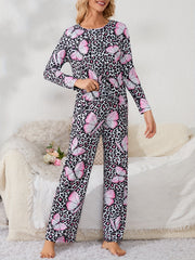 Butterfly Print Leopard Pajama Set Long Sleeve Top & Pants