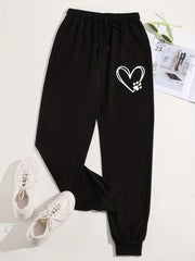 Heart & Paw Print High Waist Pants Casual Elastic Waist Pants