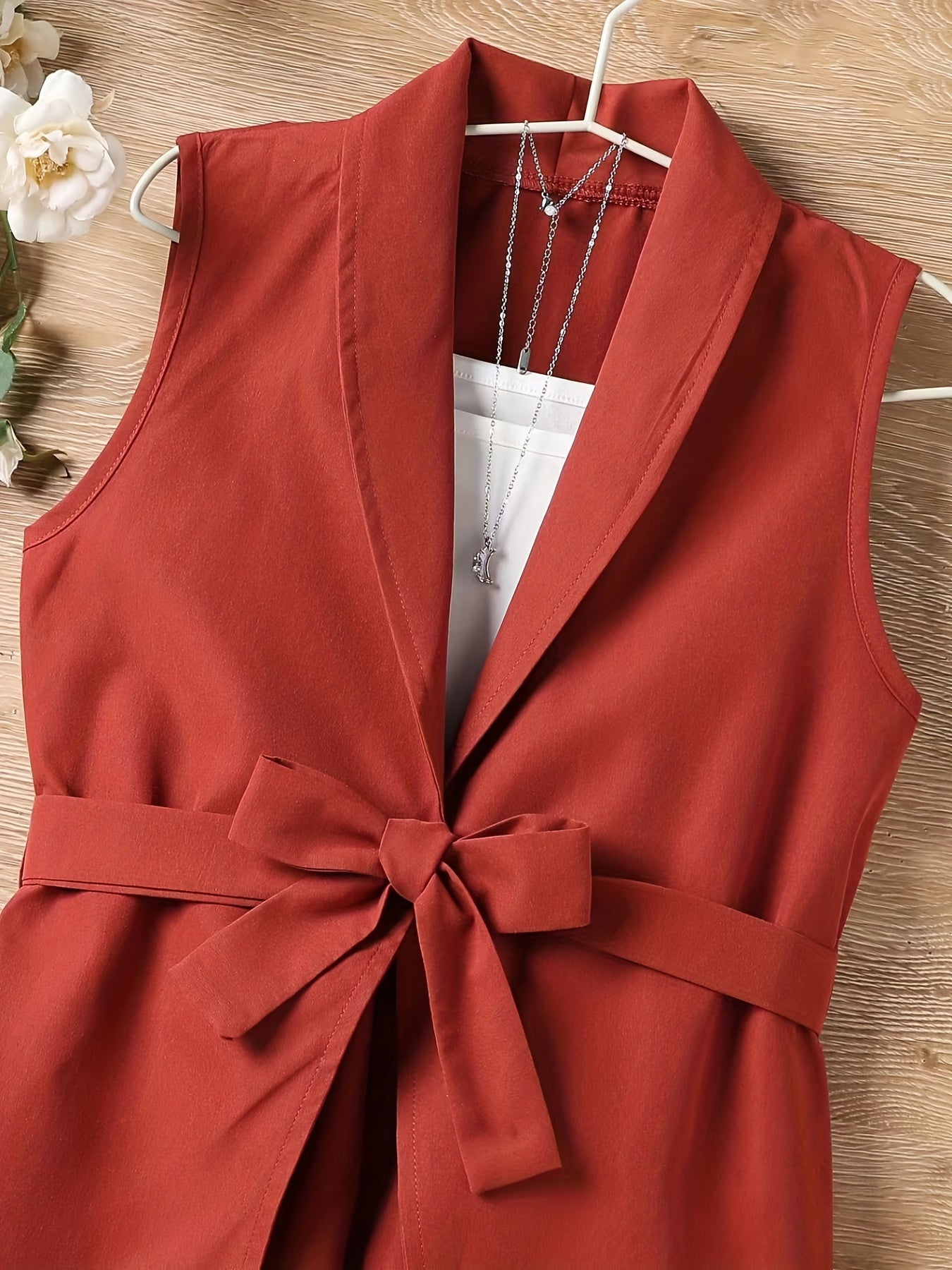 Girls 2pcs Vest With Belt & Elastic Waist Pants Set Solid Sleeveless Blazer