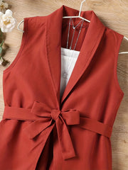 Girls 2pcs Vest With Belt & Elastic Waist Pants Set Solid Sleeveless Blazer
