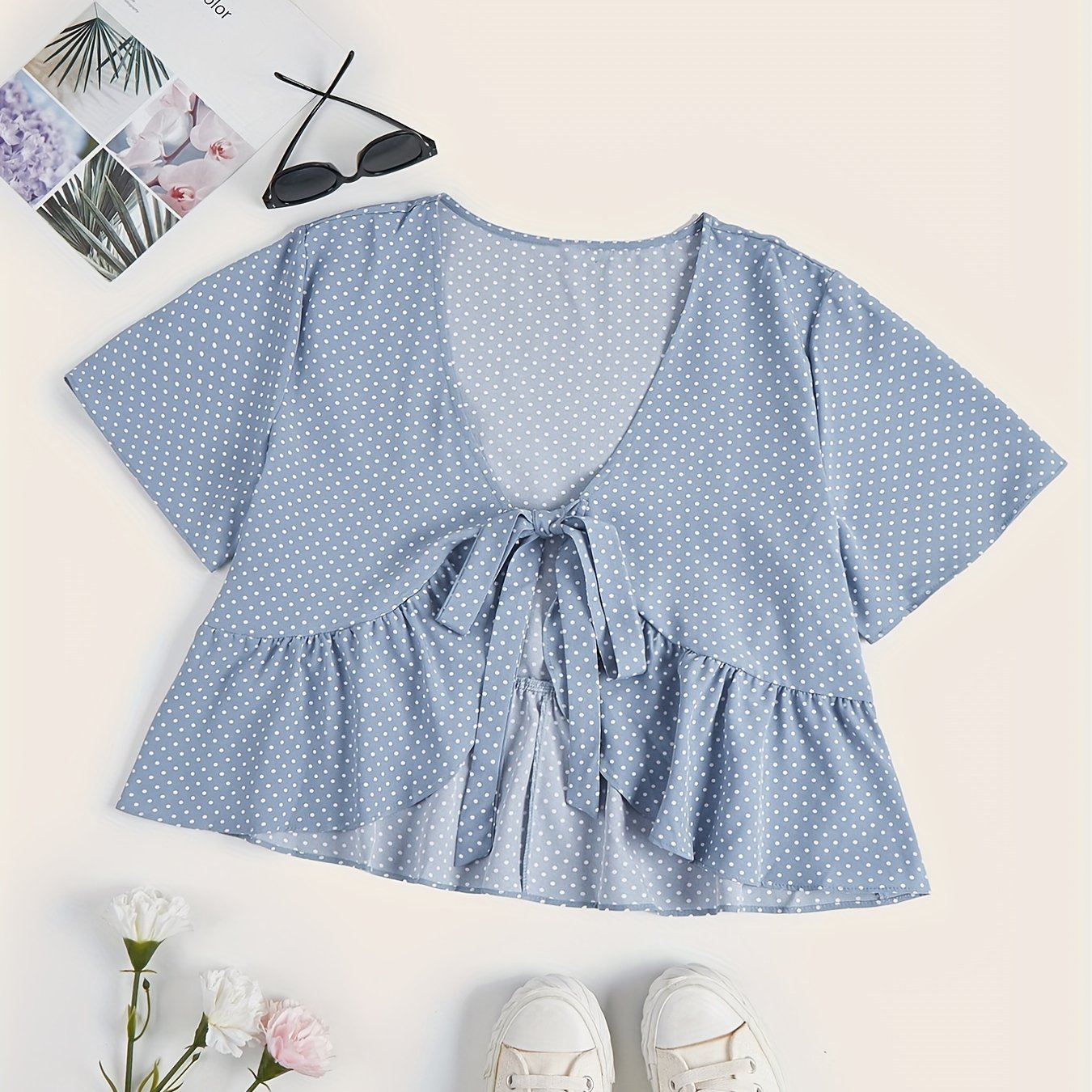 Polka Dot Print Short Sleeve V Neck Tie Front Crop Top