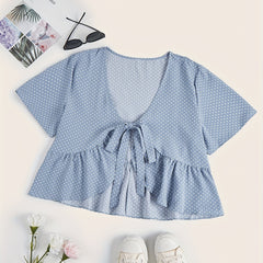 Polka Dot Print Short Sleeve V Neck Tie Front Crop Top