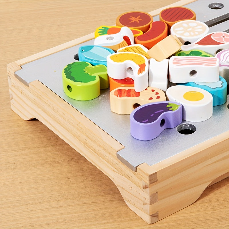 Wooden BBQ Grill Playset with Realistic Food Toys