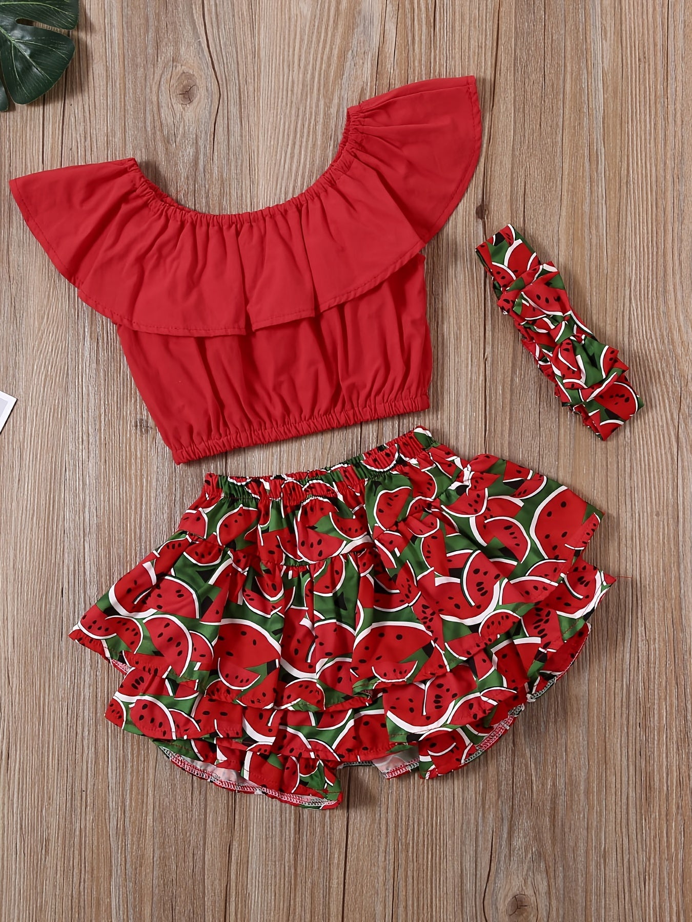 Cute Watermelon Off Shoulder Top & Skort Set with Headband