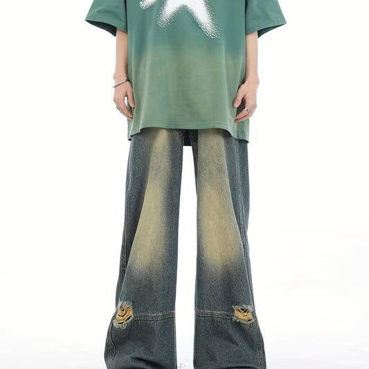 Men's Hip Hop Wide Leg Distressed Denim Pants