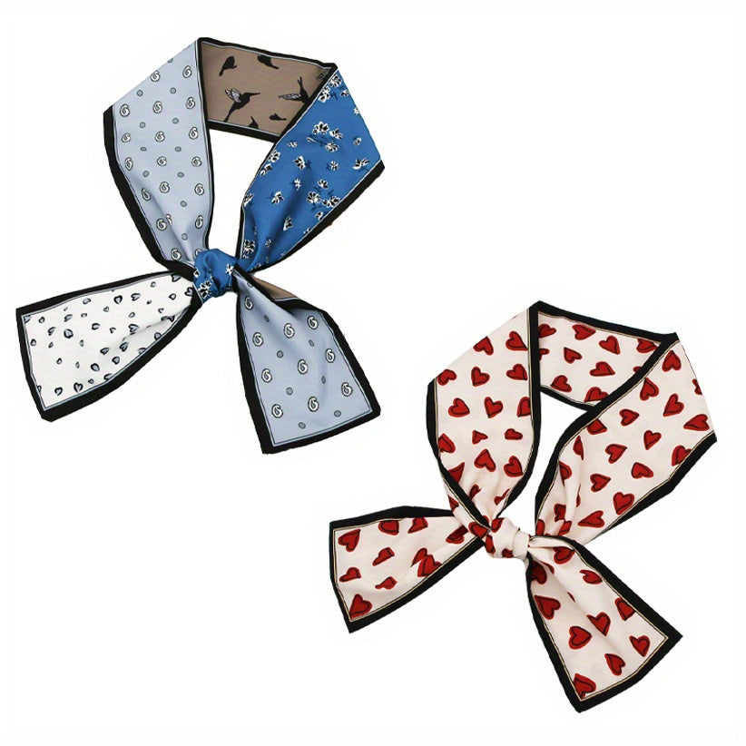 2pcs Heart Pattern Neckerchief Silk Skinny Scarf Handbag Charm Gift