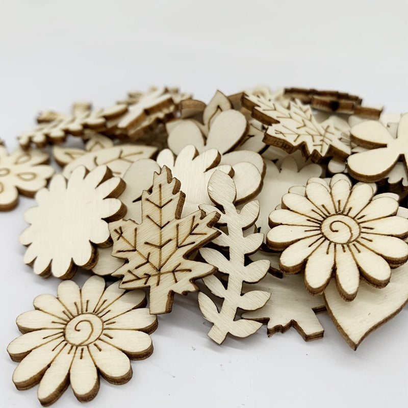 50pcs Mixed Flower Leaf Pattern Wooden Scrapbook DIY Crafts