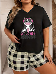 Floral & Cow Print Plus Size Short Sleeve V Neck Loungewear Top