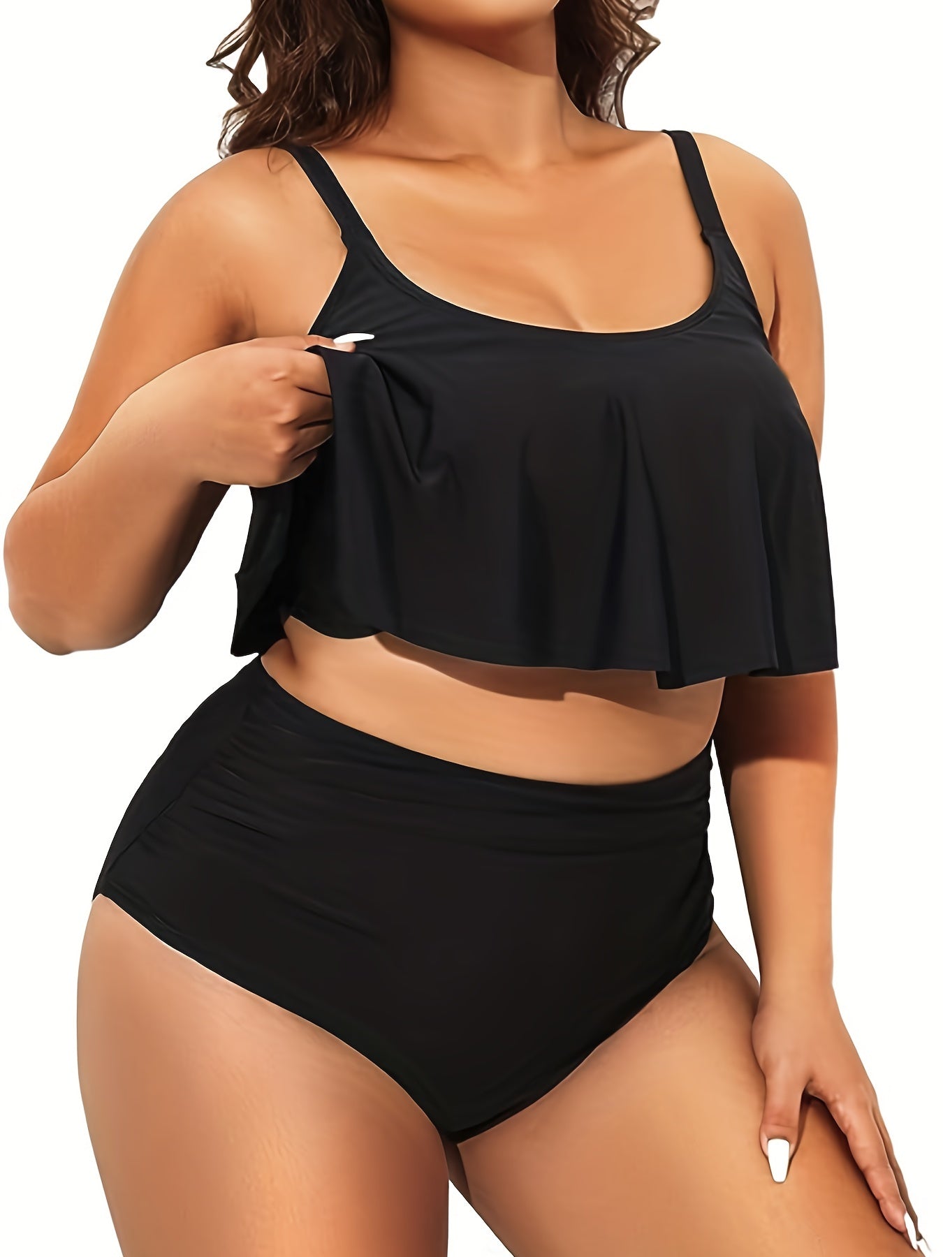 Solid Ruffle Trim Tankini Set