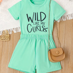 2pcs Girls Casual WILD LIKE MY CURLS Short Sleeve T shirt&Shorts Set