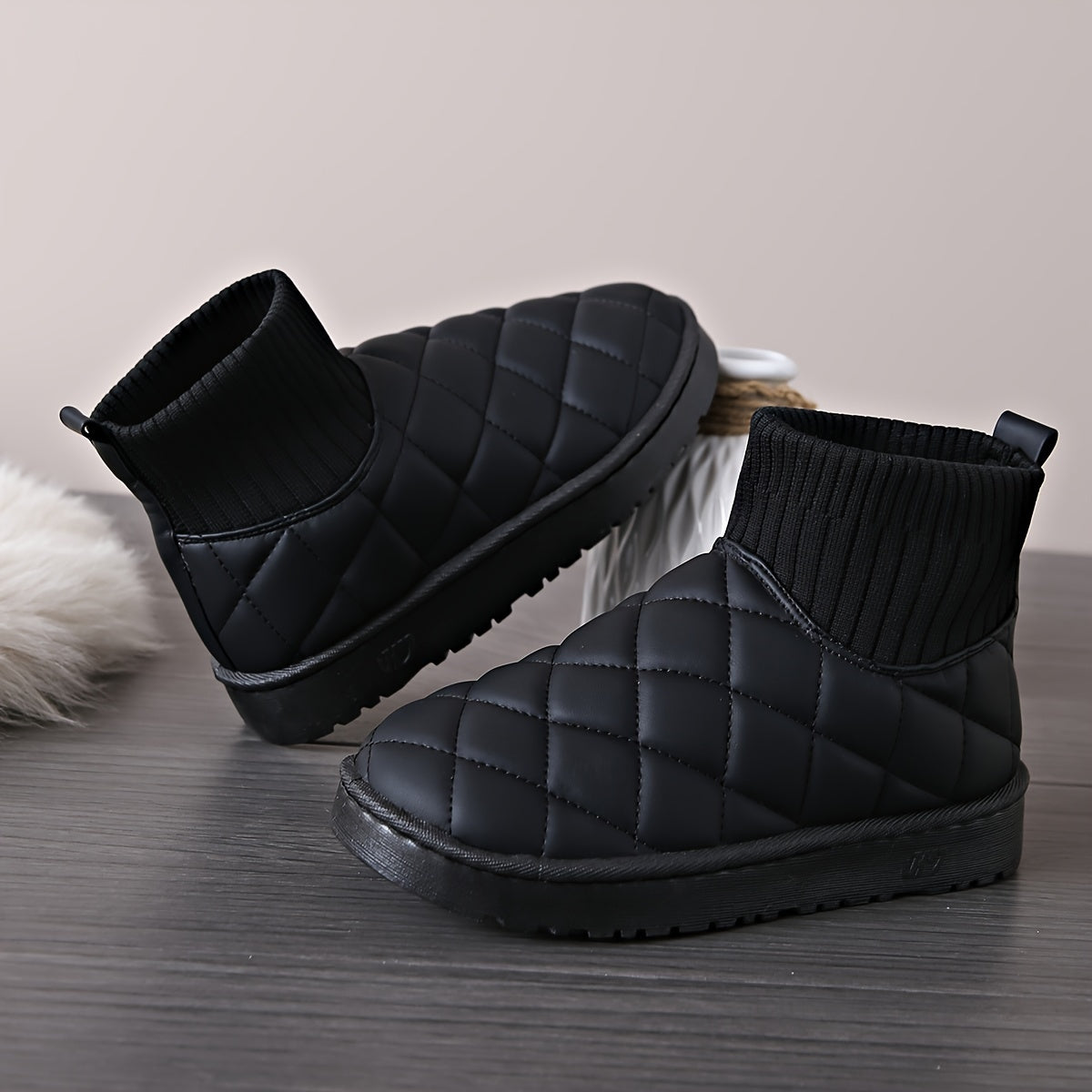 Winter Snow Boots Women Round Toe Waterproof Quilted Detail Fleece Lining