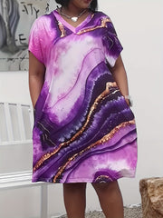 Women's Plus Marble Print V Neck Dress With Pockets