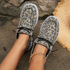 Leopard Print Canvas Lace Up Flat Shoes Lightweight Round Toe