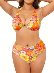 Floral Print Backless Halter Bikini Set Plus Size