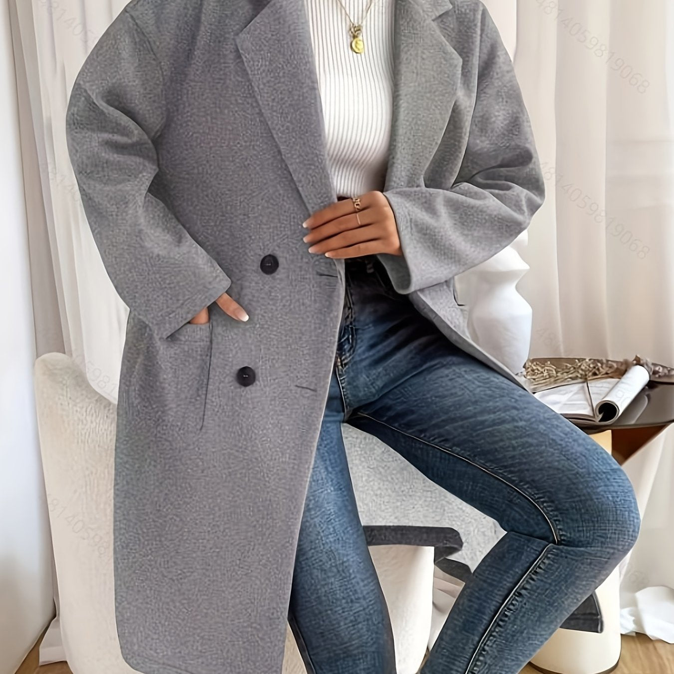 Double Breasted Lapel Overcoat Casual Long Sleeve Pockets Overcoat