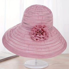 Wide Brim Floppy Sun Hat Flower Decor Striped Crinkle Bucket Hat