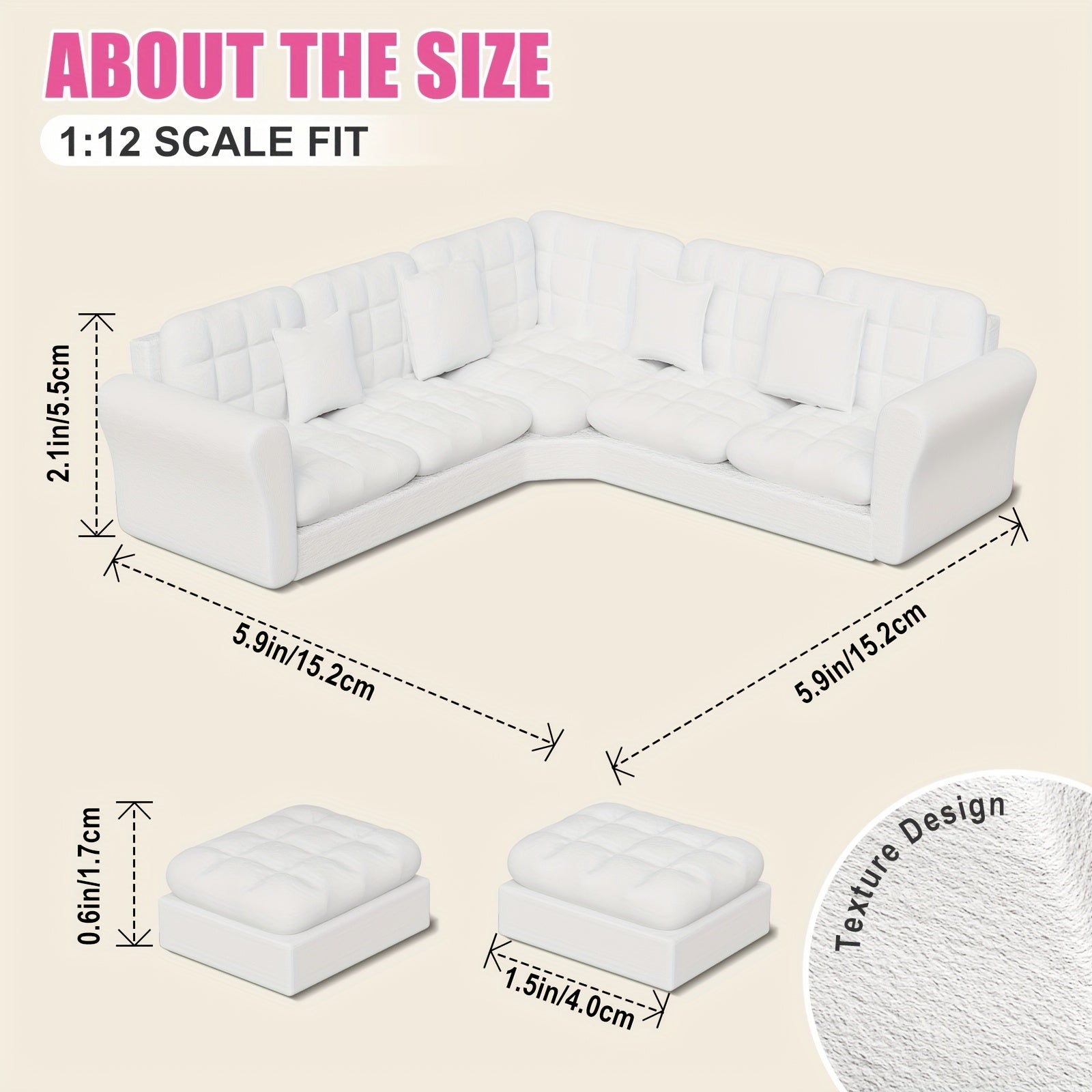 Dollhouse Sofa Set with Ottomans 5 Seat Corner Couch Modern Toy Furniture
