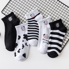 5 Pairs Mixed Pattern Socks Cow Spots Striped Ankle Women's Stockings