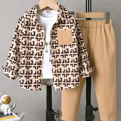 Boy's Geometric Pattern Shirt & Pants Set for Spring Fall