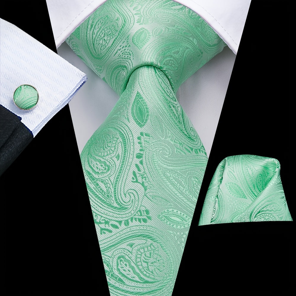 Paisley Silk Tie Set Jacquard Woven Necktie Hanky Cufflinks