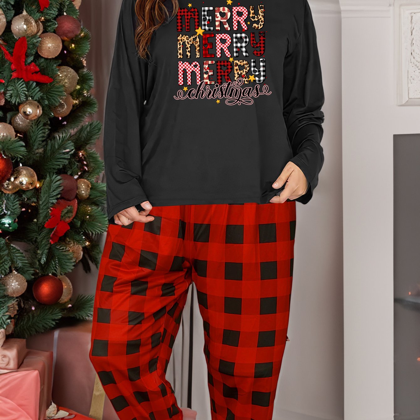 Christmas Lounge Set Women's Star & Christmas Letter Print Tee & Plaid