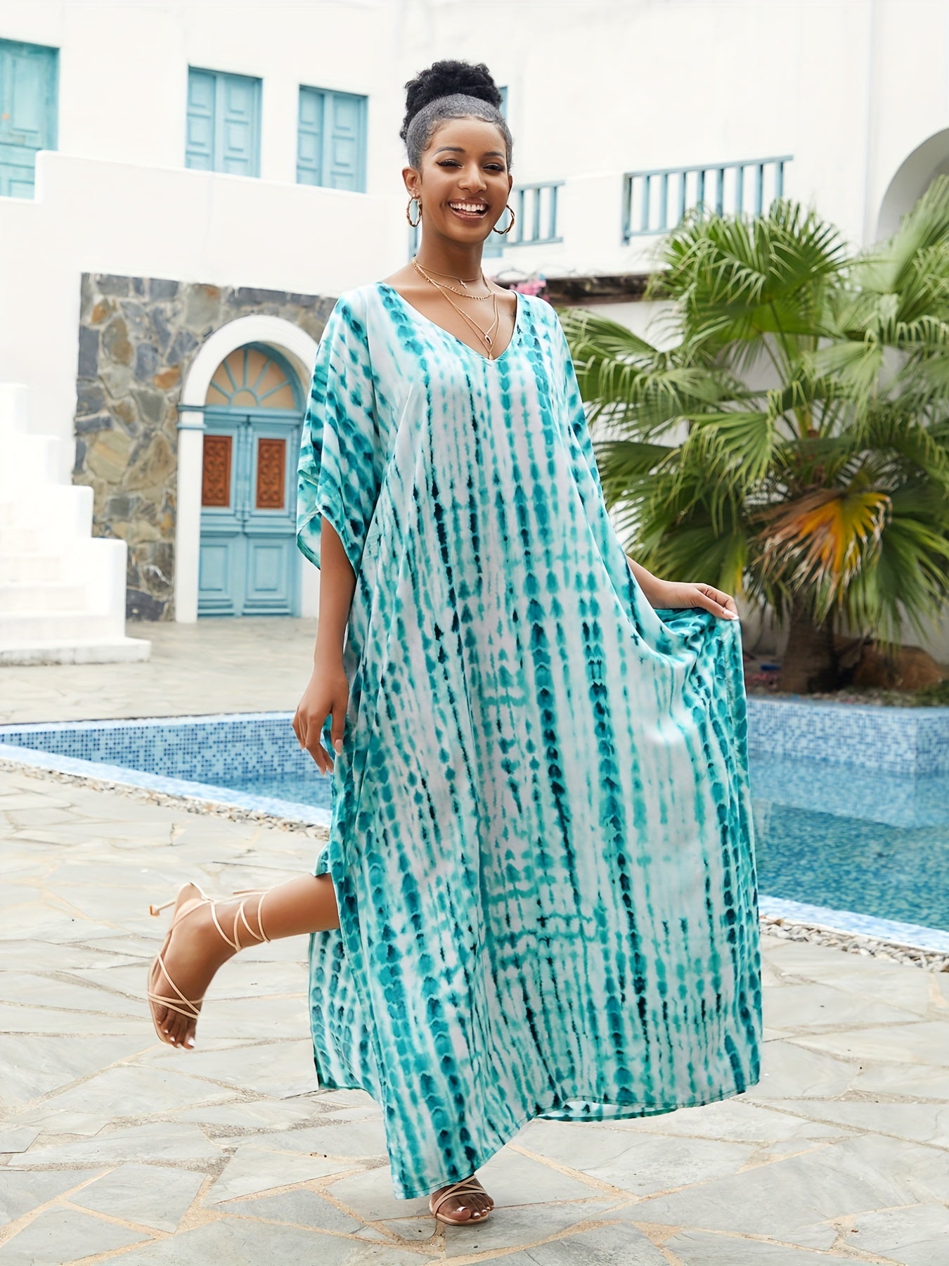 Women's Plus Tie Dye V Neck Bat Sleeve Maxi Cover Up Dress