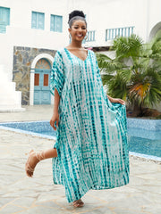 Women's Plus Tie Dye V Neck Bat Sleeve Maxi Cover Up Dress